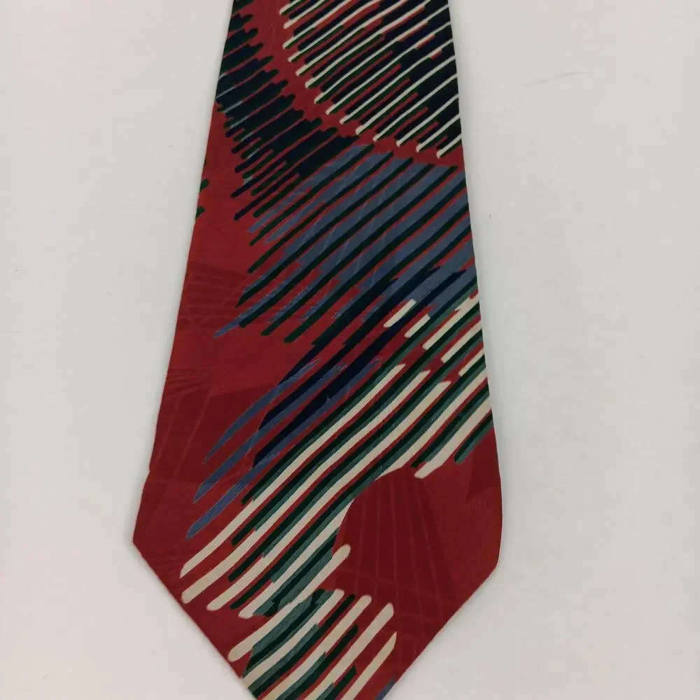 Zylos George Machado Tie Mens Red Black Blue Abstract Striped 100% Silk Necktie